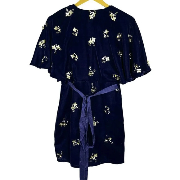 ASOS Mini Wrap Velvet Dress Blue US 6 Floral 3D Embellishments Baby Doll Dainty - Picture 4 of 10